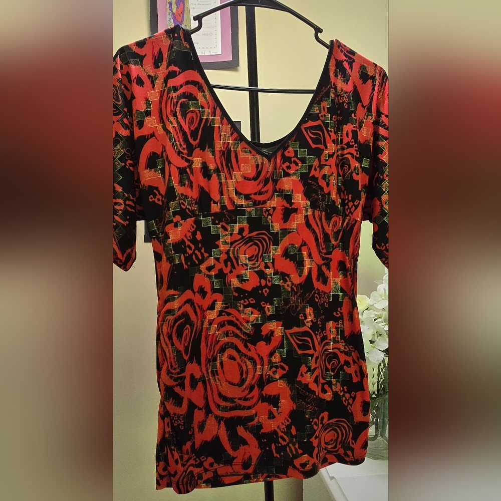 Red and Black Patterned Women's Top